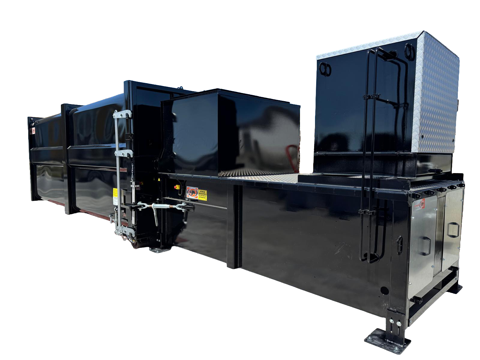 Beeld van een stationaire afvalpers, om een voorbeeld te geven van afvalpersen ook gekend als stationaire pers of stationaire persinstallatie